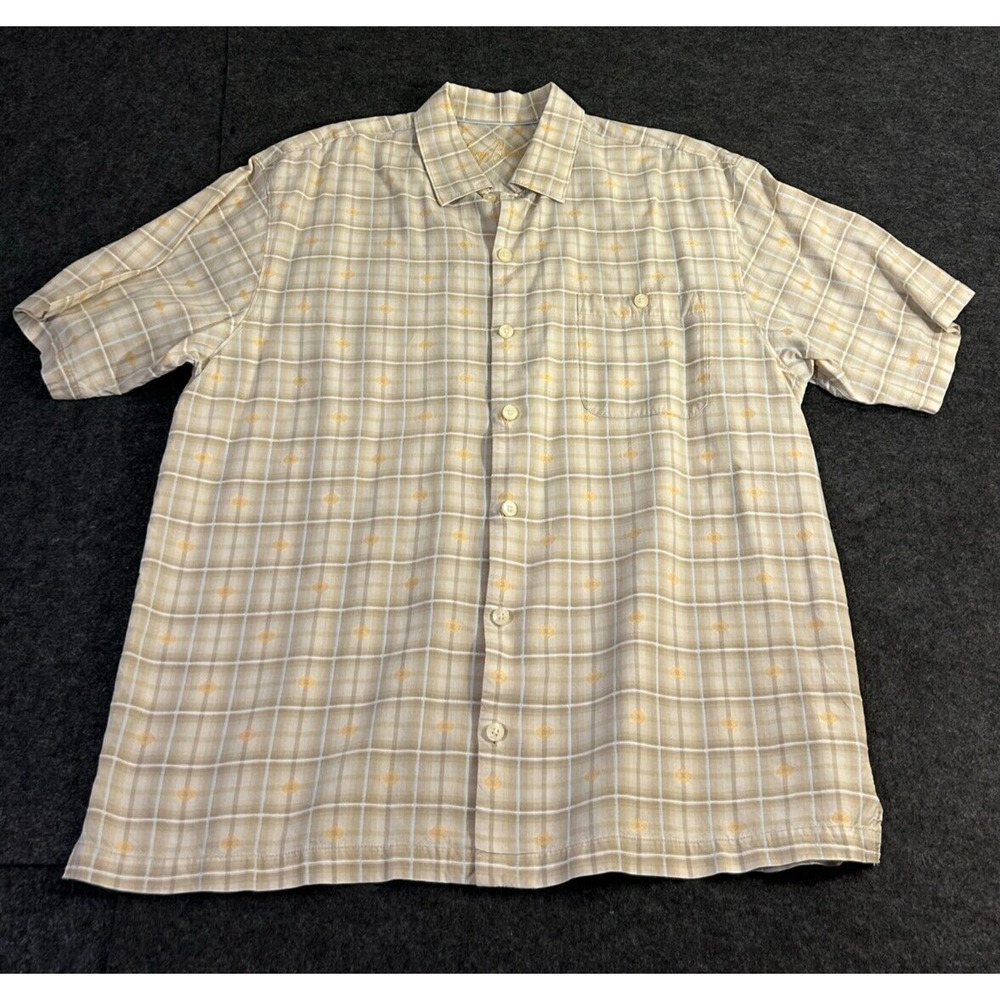 Tommy Bahama Shirt Men's Large Brown Plaid Lyocell Short Sleeve Button Up